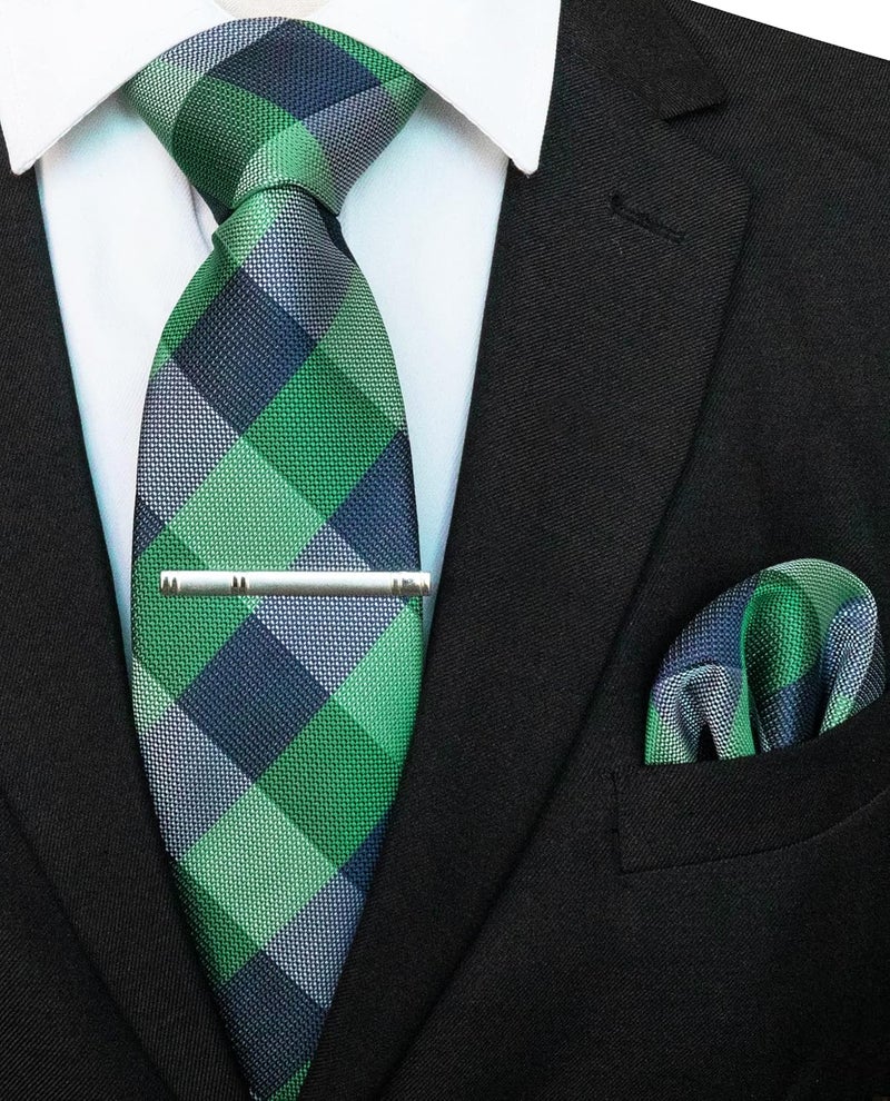 RBOCOTT Silk Stripe Plaid Tie and Pocket Square with Tie Clip Sets for Men - Image 4